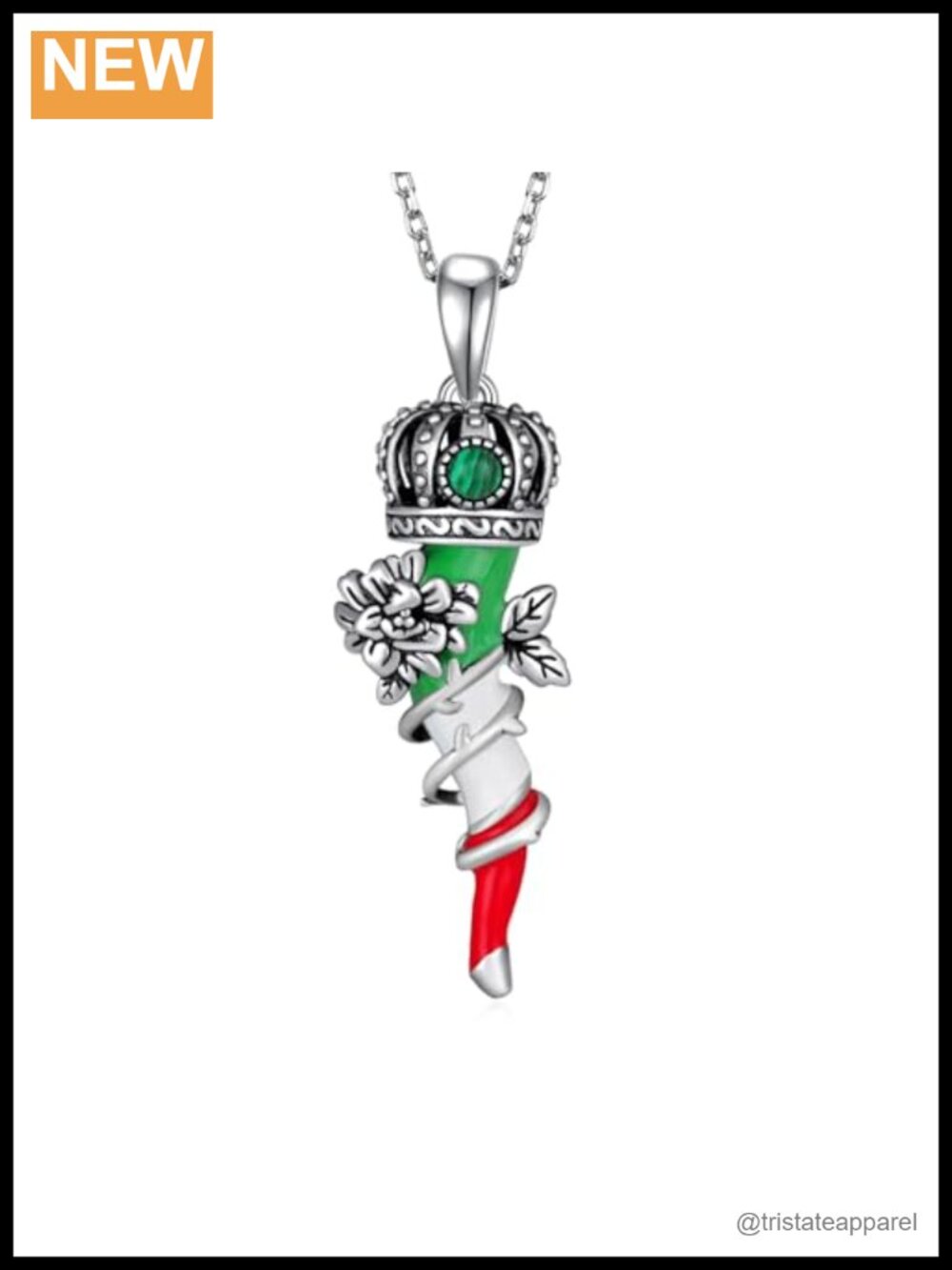 Italian Horn Necklace 925 Sterling Silver Malachite Pendant for Women Men